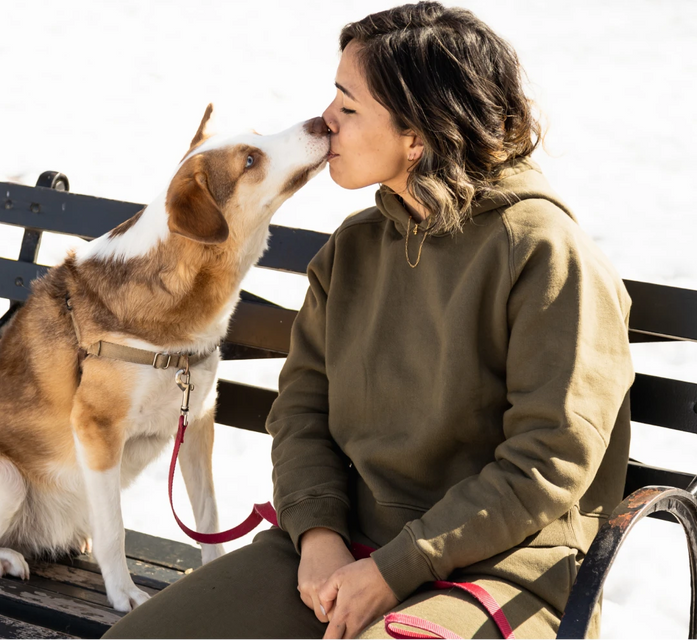 A woman in a green sweatshirts is sitting and giving a kiss to her dog on a metal park bench.